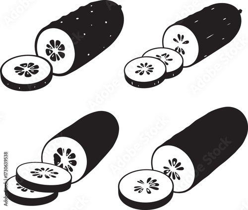Four sliced cucumbers in a simple black and white silhouette illustration
