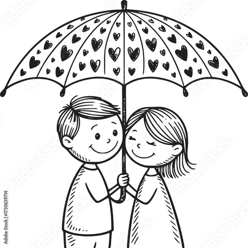 Love's Shelter: A whimsical illustration portrays a young couple under a heart-adorned umbrella, sharing a moment of tender intimacy and togetherness. 