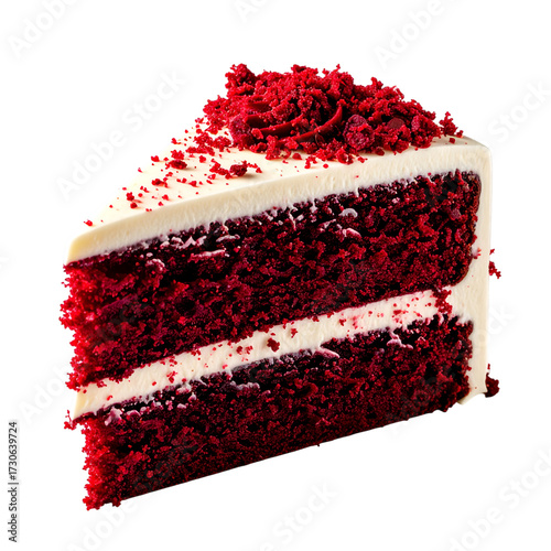 Slice of Red Velvet Cake: A tempting slice of red velvet cake, with its vibrant red layers, topped with creamy white frosting, embodies the indulgence and delight of a classic dessert.