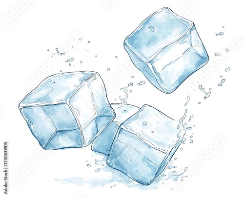 Three ice cubes in mid-air, surrounded by water splashes.  Aquarelle style