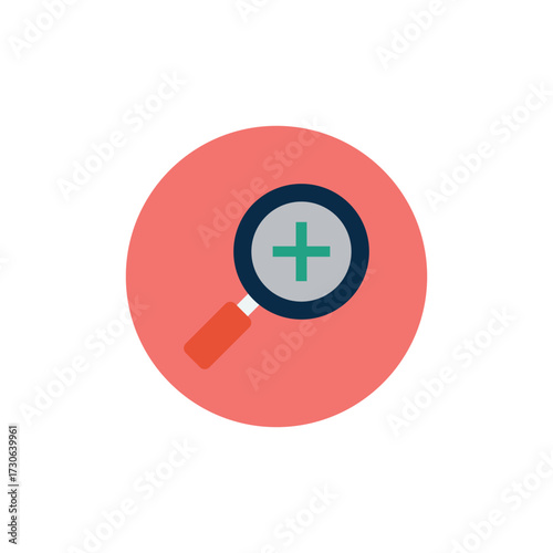 Magnifying glass with plus sign icon, zoom in symbol, search and enlarge concept, flat design illustration.