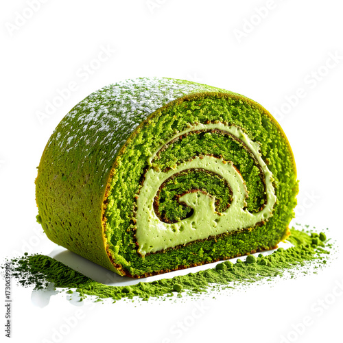 Matcha Roll Cake: A culinary masterpiece with vibrant matcha sponge, expertly rolled around a smooth cream filling, dusted with powdered sugar and matcha powder. An enticing close-up on pure joy.