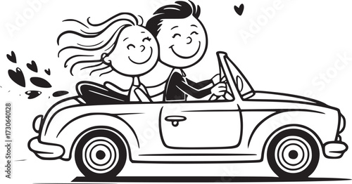 Love on Wheels: A cheerful couple, their hearts full of love, embarks on a romantic journey in a vintage convertible, hearts dancing in the air and pure joy!