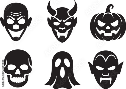 Haunted mask Halloween icon set silhouette vector