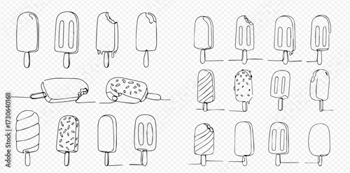 Collection of hand-drawn ice cream popsicles in various shapes and designs, some with bites taken, on a transparent background.