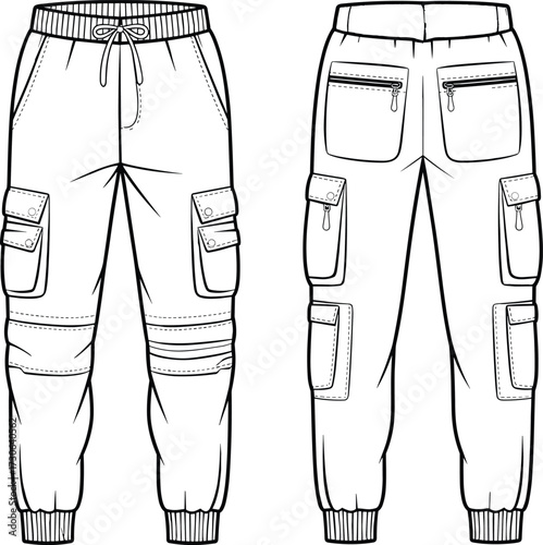 Vector fashion technical flat illustration of cargo jogger pants with drawstring waistband, flap thigh pockets, zippered back pockets, ribbed cuffs