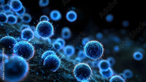 Microscopic view of glowing blue cells floating in space