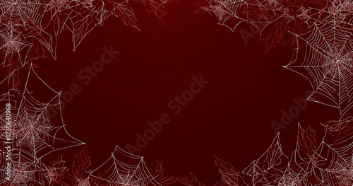 Autumnal Spiderweb Vignette on Deep Red Background for Spooky Season Designs