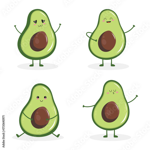 Cute Avocado Characters with Different Emotions in Cartoon Style