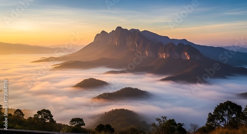 Misty Mountain Sunrise View.