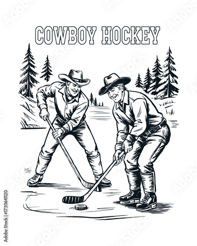 Vintage Line Art Illustration of Two Cowboys Playing Hockey, Black and White Hand-Drawn Western Scene with Clean Detailed Retro Engraving