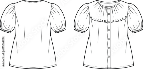 Vector fashion technical flat illustration of women blouse with puff short sleeves, scalloped yoke detail, button front closure, round neckline design