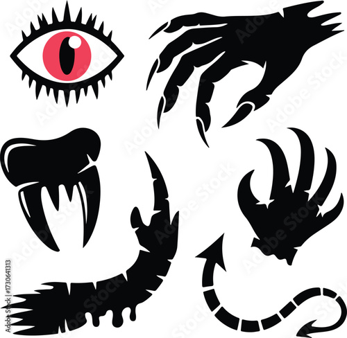 Monster parts Halloween icon set silhouette vector