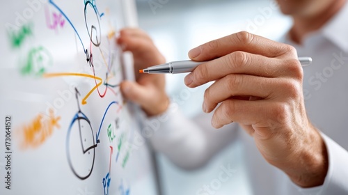 Professional brainstorming session in an office with colorful diagrams and detailed notes on a whiteboard