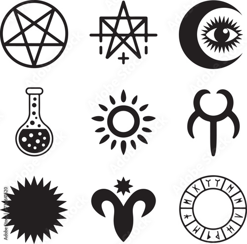 Occult symbols Halloween icon set silhouette vector