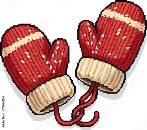 A pair of knitted red mittens with white accents and connected by a string, depicted in a pixel art style.