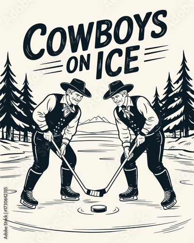 Vintage Line Art Illustration of Two Cowboys Playing Hockey, Black and White Hand-Drawn Western Scene with Clean Detailed Retro Engraving