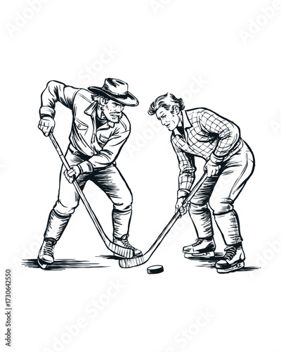 Vintage Line Art Illustration of Two Cowboys Playing Hockey, Black and White Hand-Drawn Western Scene with Clean Detailed Retro Engraving