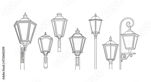 Line art illustration of various street lamps in different designs  