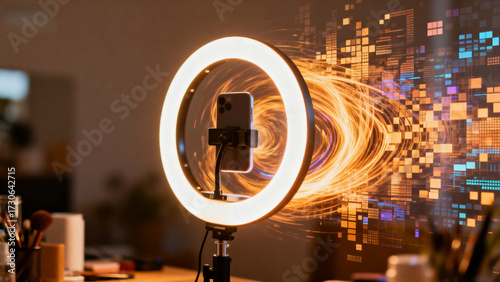 Smartphone mounted on ring light with digital data visualization in background