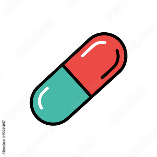 Illustration of a two-tone capsule pill with a red top and teal bottom, outlined in black, isolated on white.