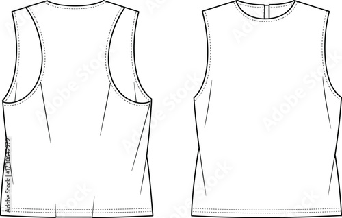 Vector fashion technical flat illustration of sleeveless fitted top with round neckline, deep armholes, darts shaping back, straight hem front back