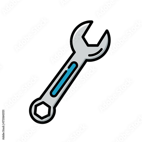 Illustration of a silver wrench with a blue accent on a white background.