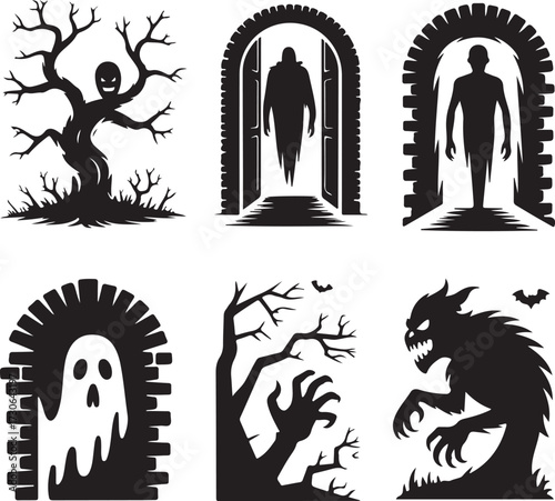 Sinister shadow Halloween icon set silhouette vector