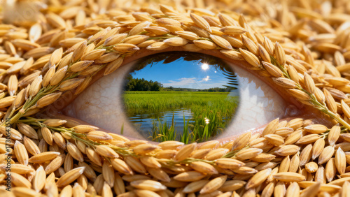 An eye-shaped arrangement of wheat grains framing a serene landscape with a pond and green field