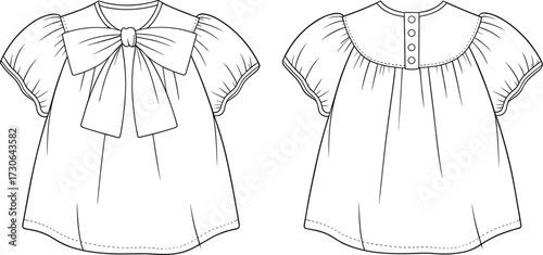 Vector fashion technical flat illustration of girl blouse with puff short sleeves, large bow neckline, button back yoke, flared silhouette