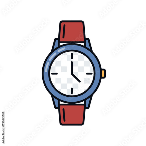 A simple, flat illustration of a classic analog wristwatch with a blue bezel and a red strap.