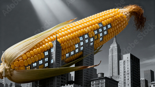 Giant corn cob with building windows superimposed over city skyline