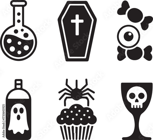 Spooky food drink Halloween icon set silhouette vector