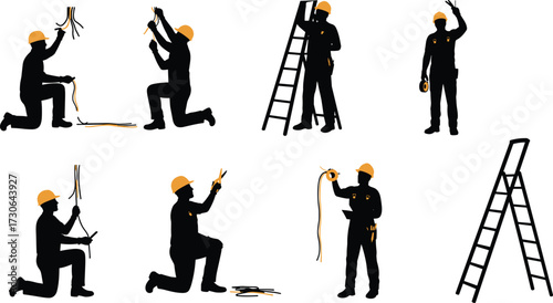 Silhouettes of technicians installing satellite dishes and antennas, workers adjusting communication equipment, broadcasting setup, wireless signal maintenance, telecommunication service illustration