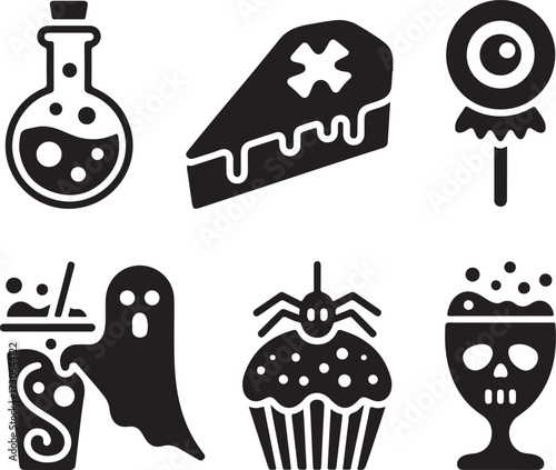 Spooky food drink Halloween icon set silhouette vector