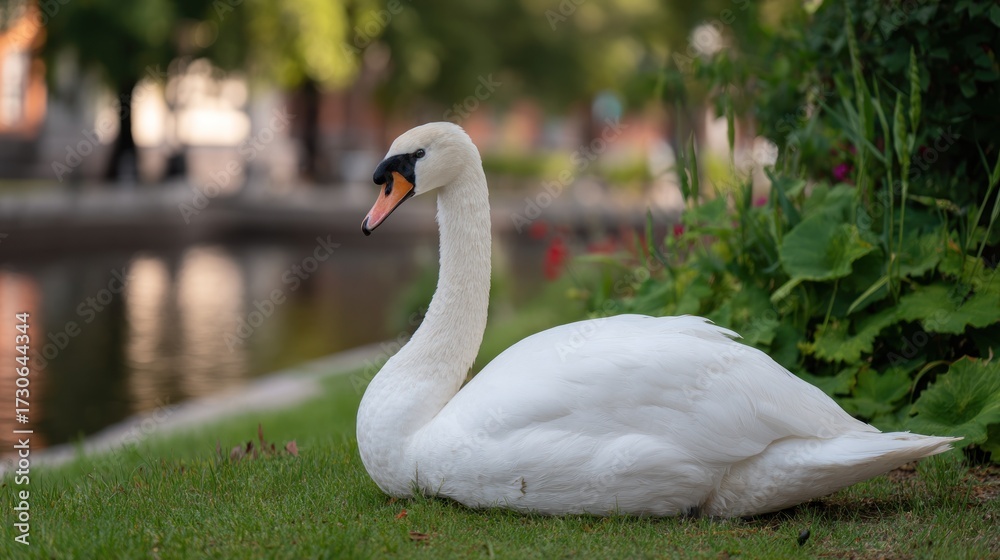 Obraz premium Swan resting in grassy area near water