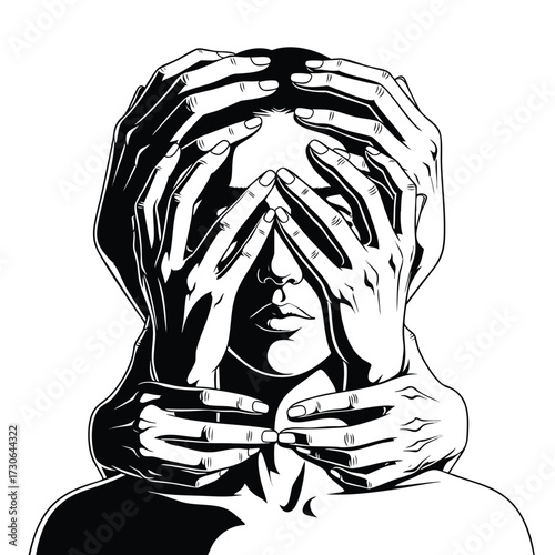 A persons face obscured by a multitude of hands in a stark black and white graphic illustration.