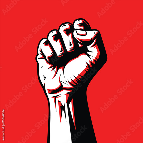 A powerful raised clenched fist in a highcontrast graphic illustration style symbolizing protest and solidarity.