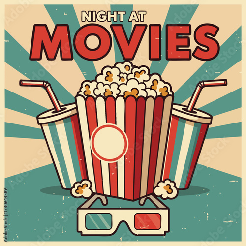 A retro Night at the Movies poster illustration with popcorn soda drinks and 3D glasses.