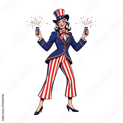 A smiling patriotic woman in a vintage Uncle Sam costume holding two exploding party poppers.