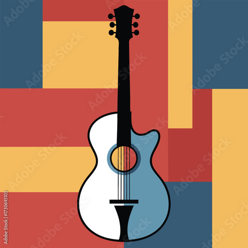 A stylized twotone acoustic guitar with a cutaway body and black neck.