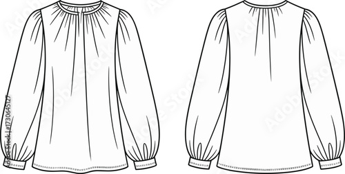 Vector fashion technical flat illustration of long sleeve blouse with gathered pleated neckline, cuffed sleeves, straight hem, front and back views