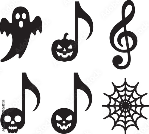 Spooky music Halloween icon set ghost note pumpkin clef silhouette vector