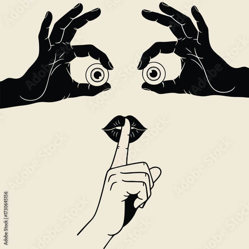 A surreal conceptual face made of hands holding eyeballs and a finger silencing lips.