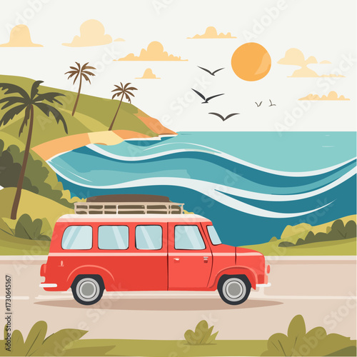 Road trip adventure along a scenic coastline with a vintage red van and palm trees under a sunny sky with fluffy clouds