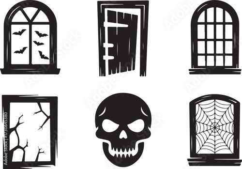 Spooky window door Halloween icon set silhouette vector
