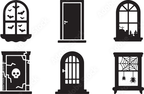 Spooky window door Halloween icon set silhouette vector