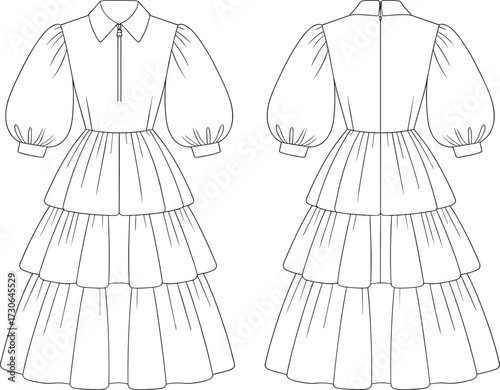 Vector fashion technical flat illustration of long sleeve puff dress with collar, zipper front, tiered skirt, gathered layers, back closure design