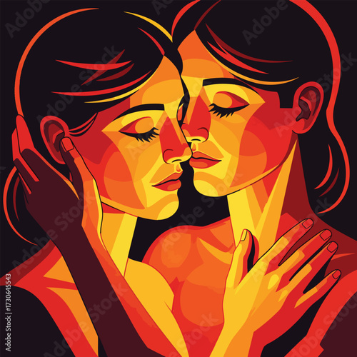 A tender stylized portrait of two women in an intimate loving embrace with warm colors.