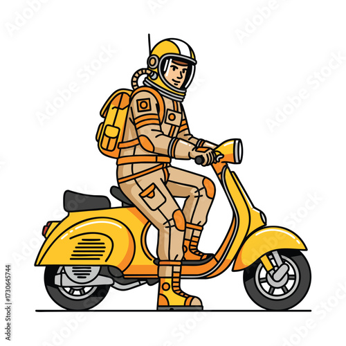 A young astronaut in an orange and yellow spacesuit on a classic yellow moped.